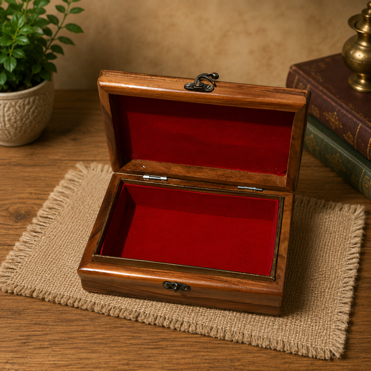 Hand-Carved Jewelry Box with Brass Inlay