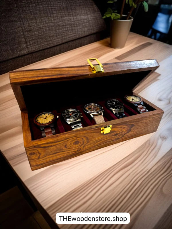 Wooden Watch Box – 5 Slots, Handmade with Solid Cover