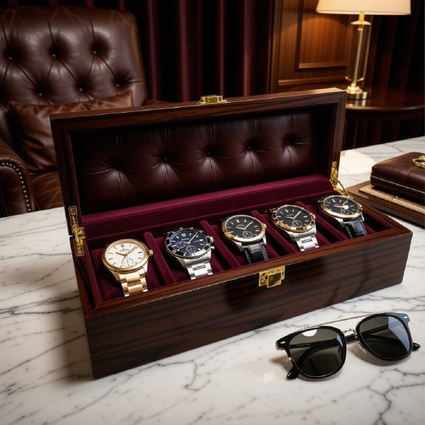 Wooden Watch Box – 5 Slots, Handmade with Solid Cover
