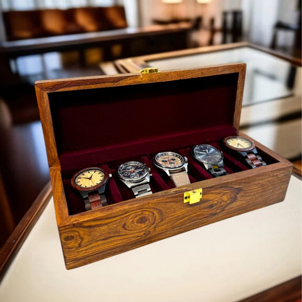 Wooden Watch Box – 5 Slots, Handmade with Solid Cover