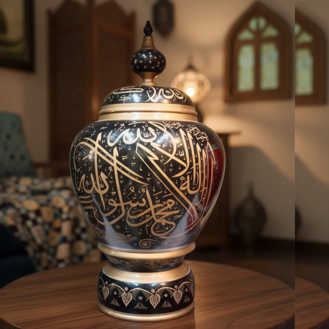 Wooden Handmade Black & Blue Islamic Naqshi Art Jar