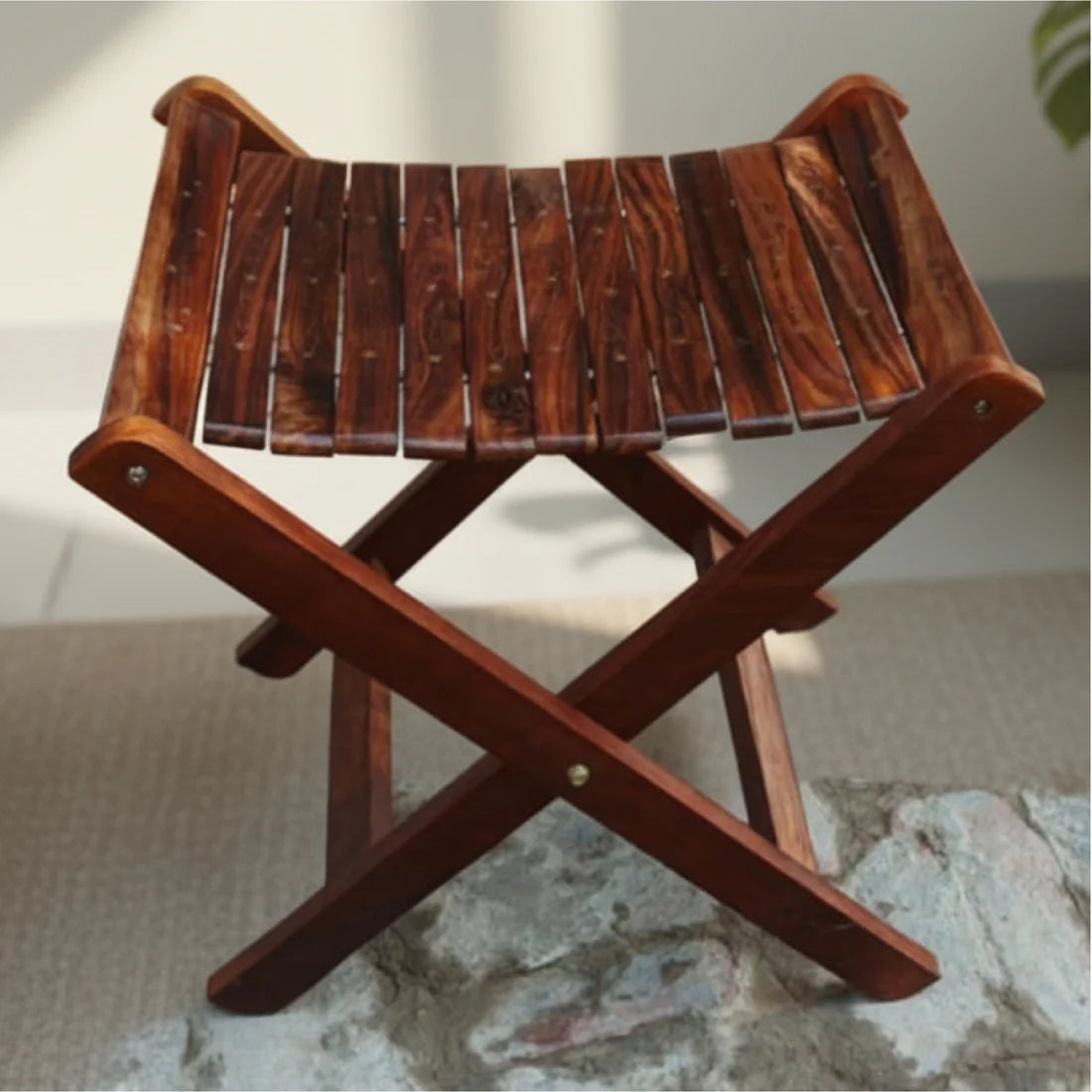 Handmade Foldable Wooden Stool with Premium Brass Work