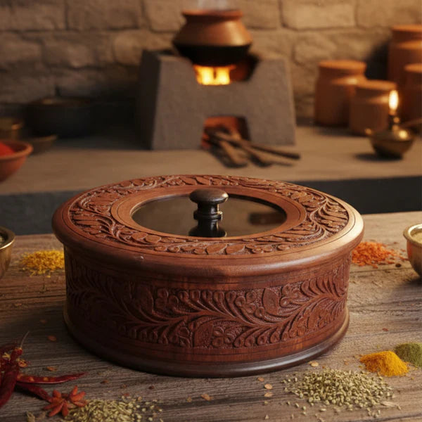 Royal Sheesham Hotpot with Carving Work & Glass Lid