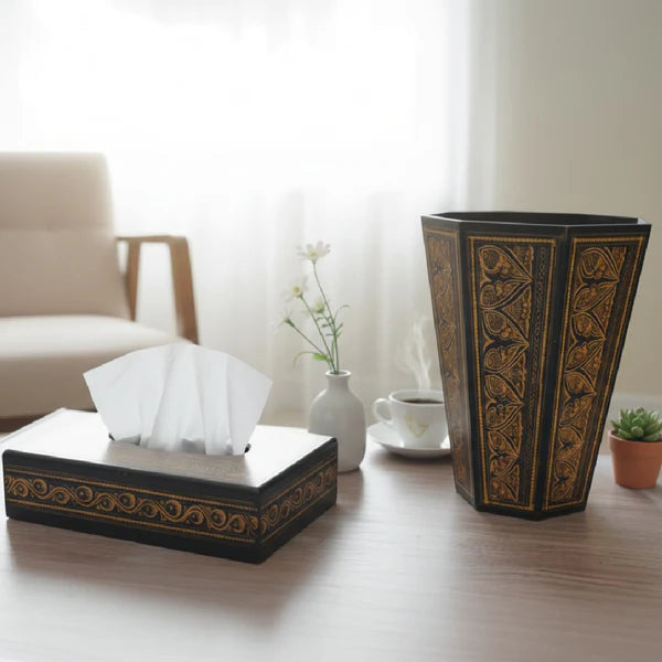 Wooden Naqshi Art Basket (18") & Tissue Box (6" x 11") Deal