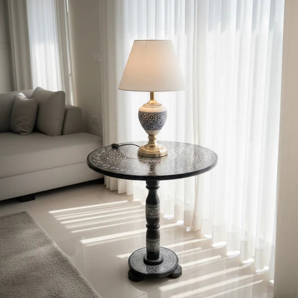 Wooden Table & Lamp Naqshi Art Work Blue Potry
