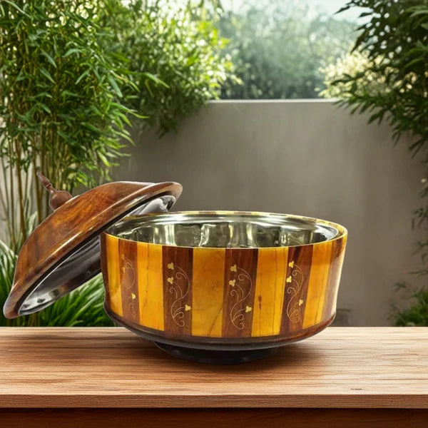 Handmade Wooden Hotpot with Brass Work & Steel Inner