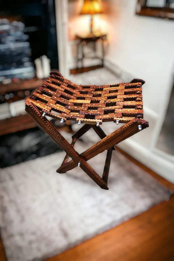 Handmade Foldable Wooden Stool with Premium Brass Work