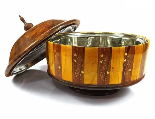 Handmade Wooden Hotpot with Brass Work & Steel Inner