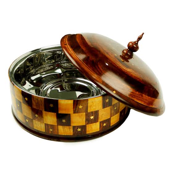 Wooden Handmade Hotpot with Brass Work & Steel Inner
