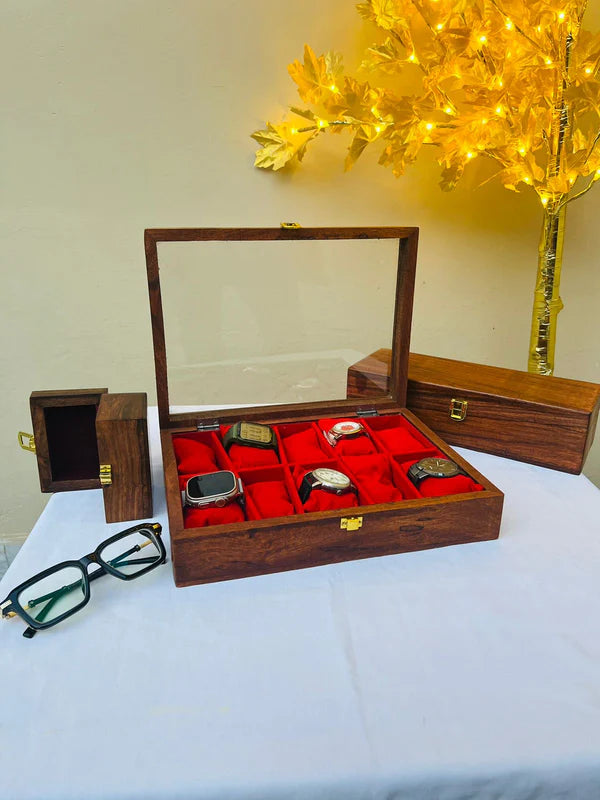 Wooden Watch Box with Glass Top – 10 Slots