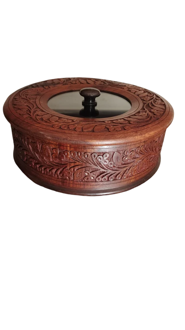 Royal Sheesham Hotpot with Carving Work & Glass Lid