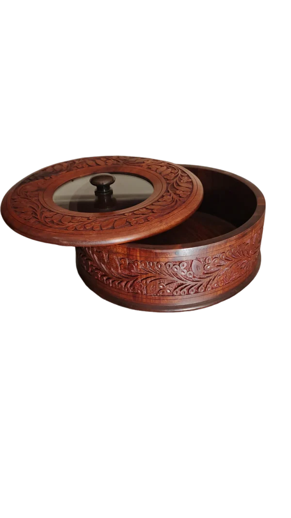 Royal Sheesham Hotpot with Carving Work & Glass Lid