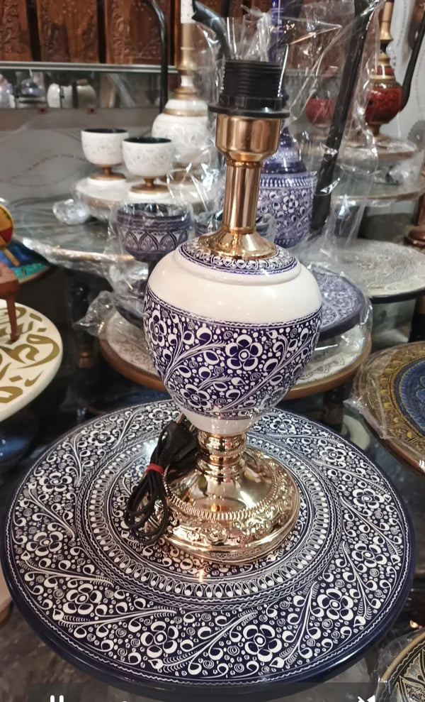 Wooden Table & Lamp Naqshi Art Work Blue Potry