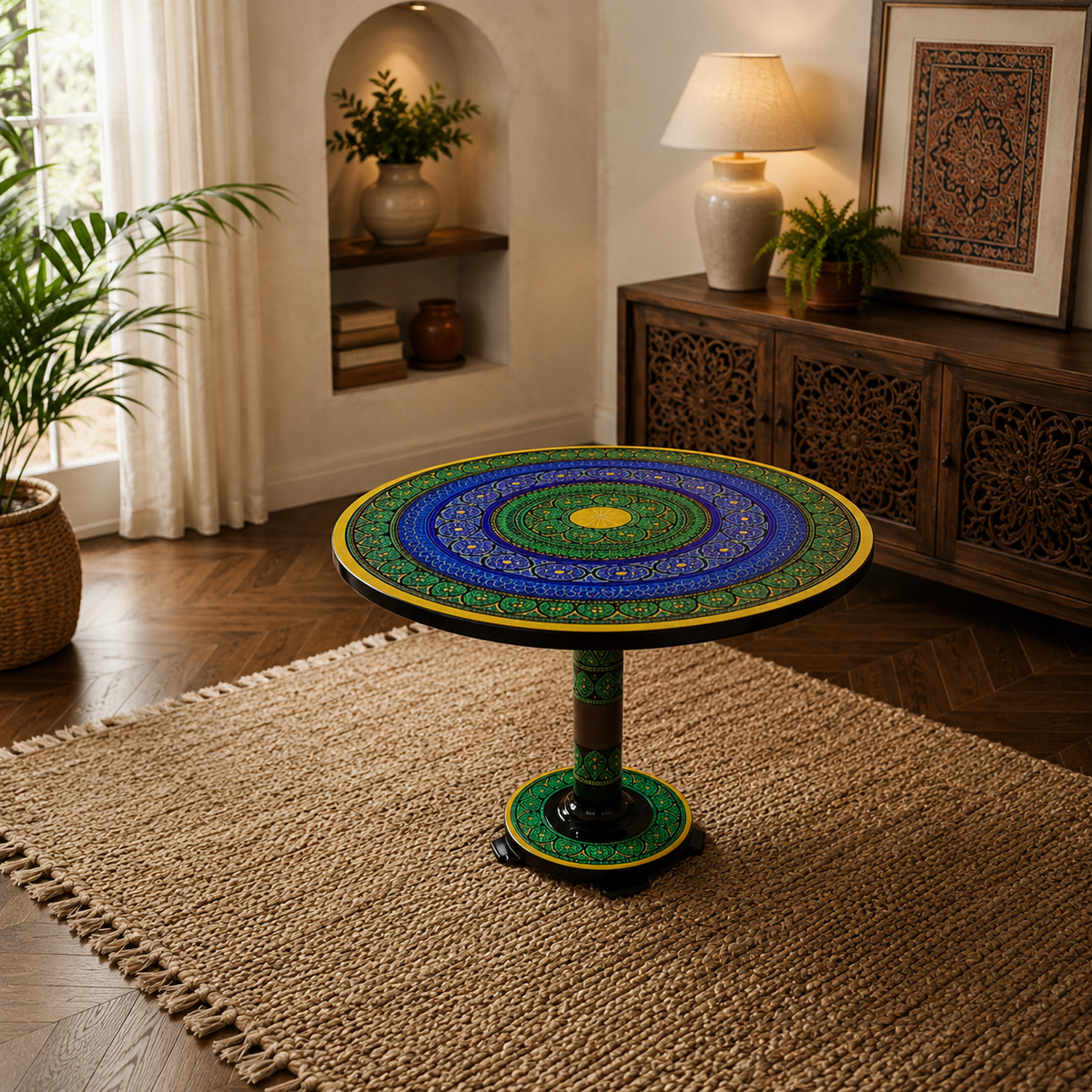 Golden Green & Blue Naqshi Art Coffee Table