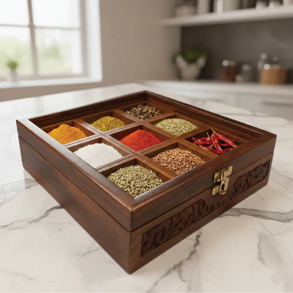 9 Portion Wooden Carving Box with Spoon