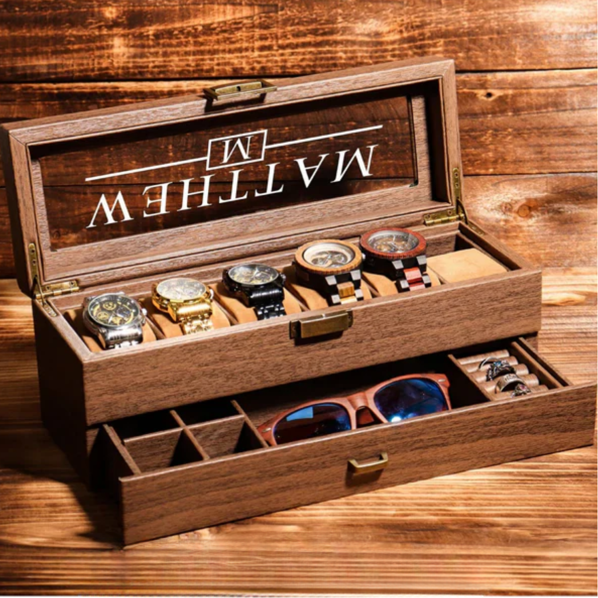 6-Slot Wooden Watch Box with Multi Drawers