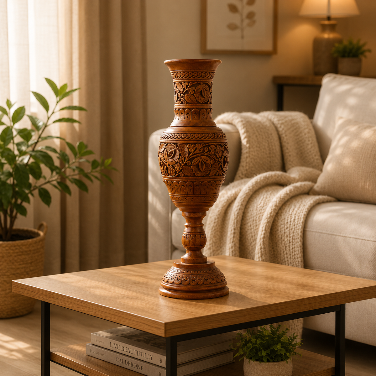Beautiful Pure Sheesham Wood Handmade Vase with Carving Work