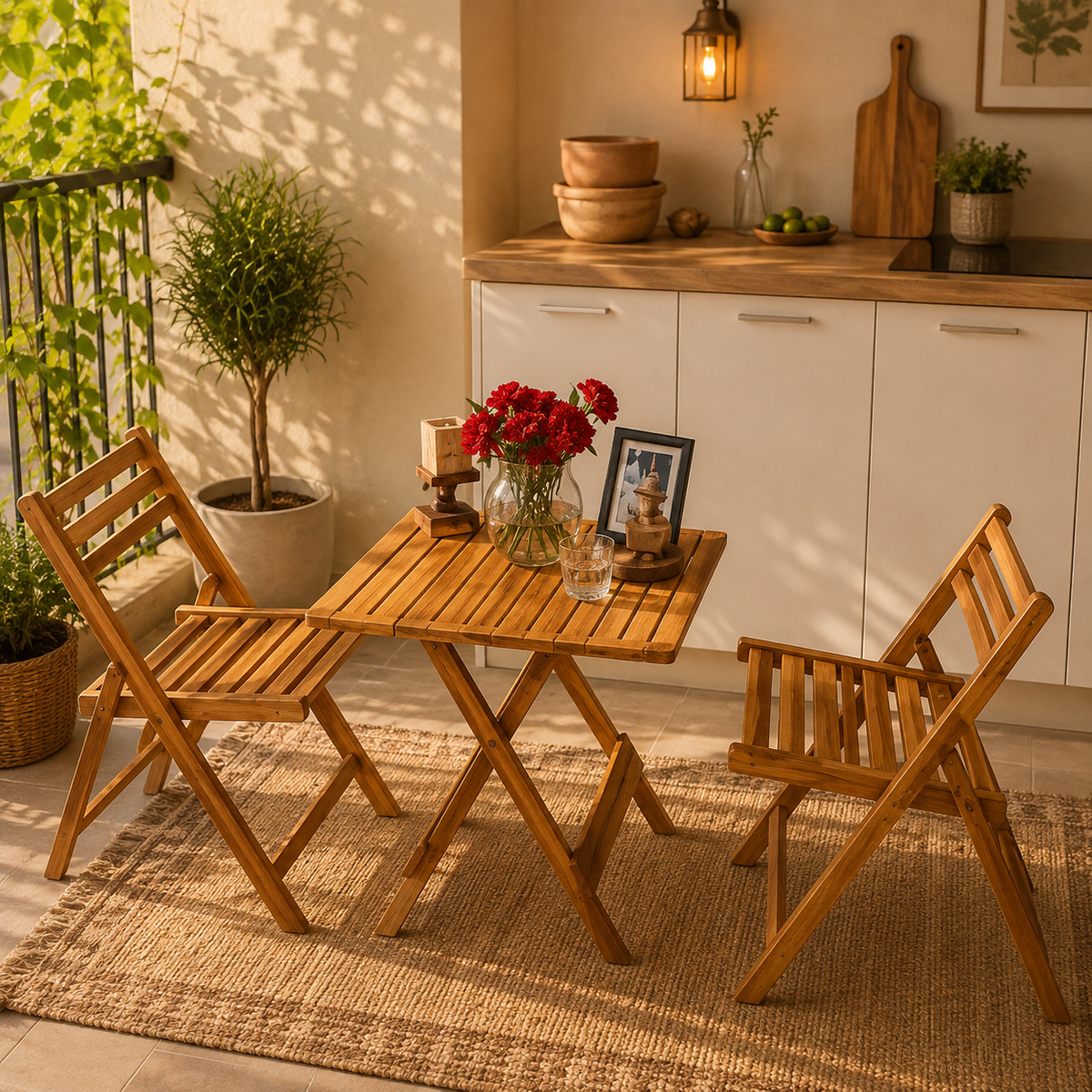 Stylish Solid Beach Wood Folding Table & Chairs Set
