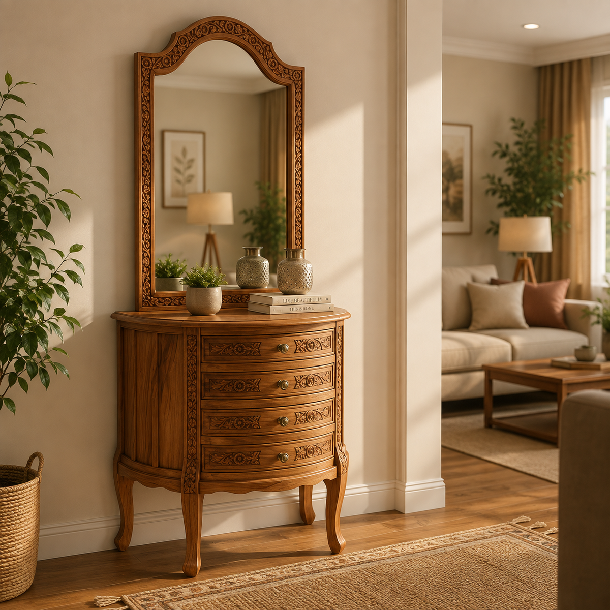Solid Sheesham Wood Dressing Console with Brass Inlay