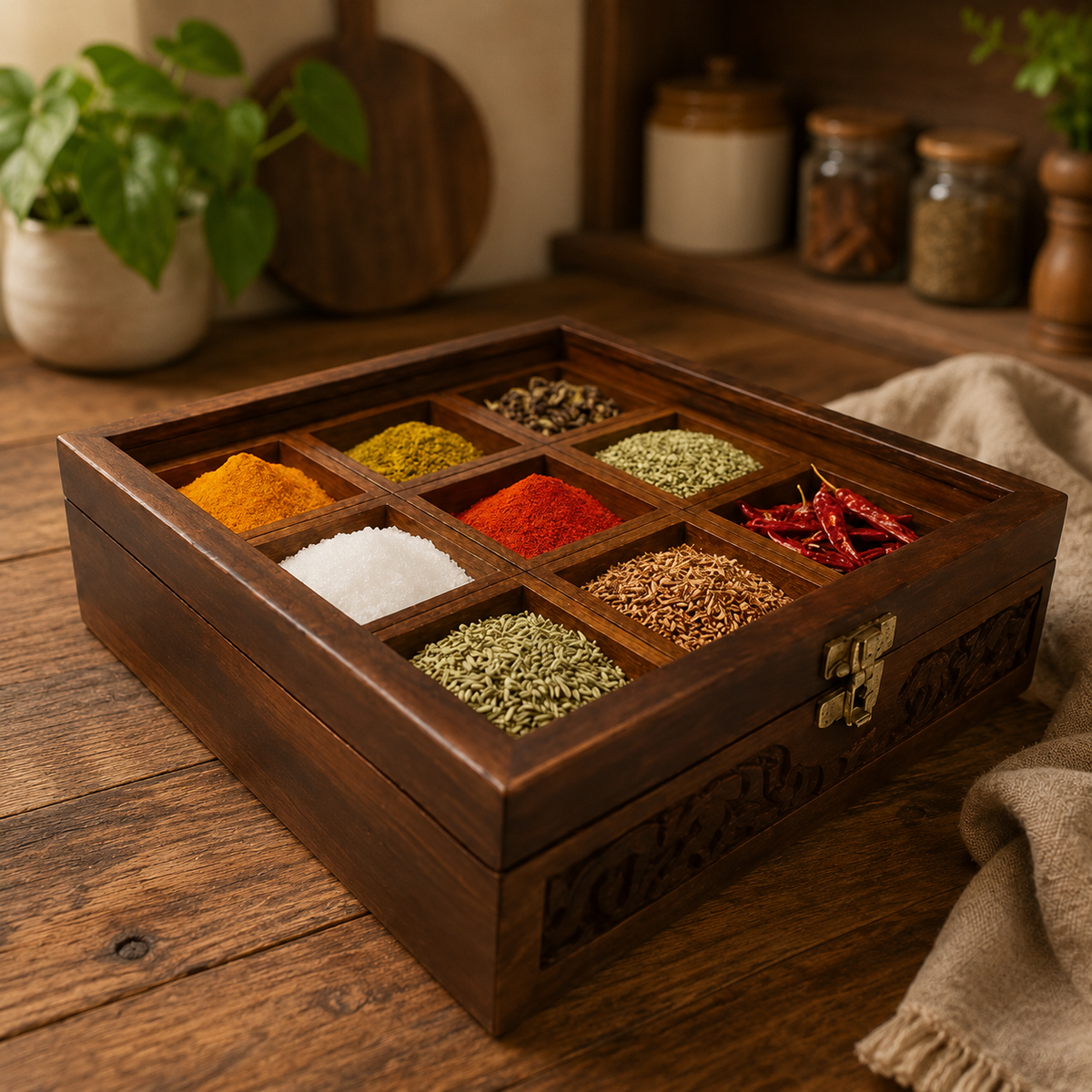 9 Portion Wooden Carving Box with Spoon