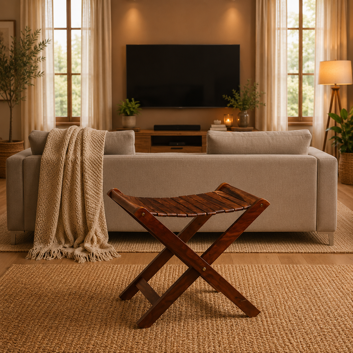 Handmade Foldable Wooden Stool with Premium Brass Work