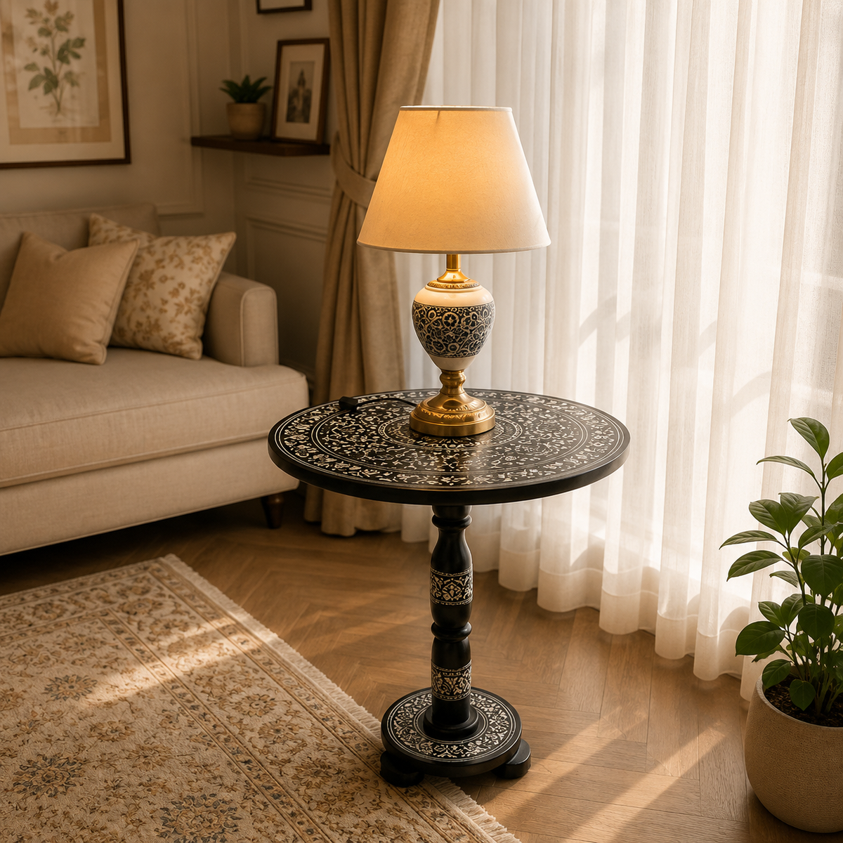 Wooden Table & Lamp Naqshi Art Work Blue Potry