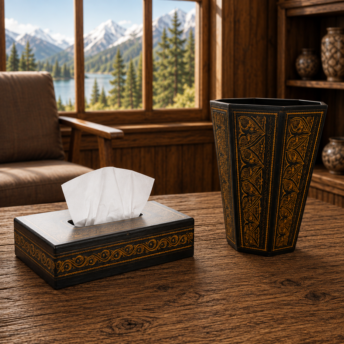 Wooden Naqshi Art Basket (18") & Tissue Box (6" x 11") Deal